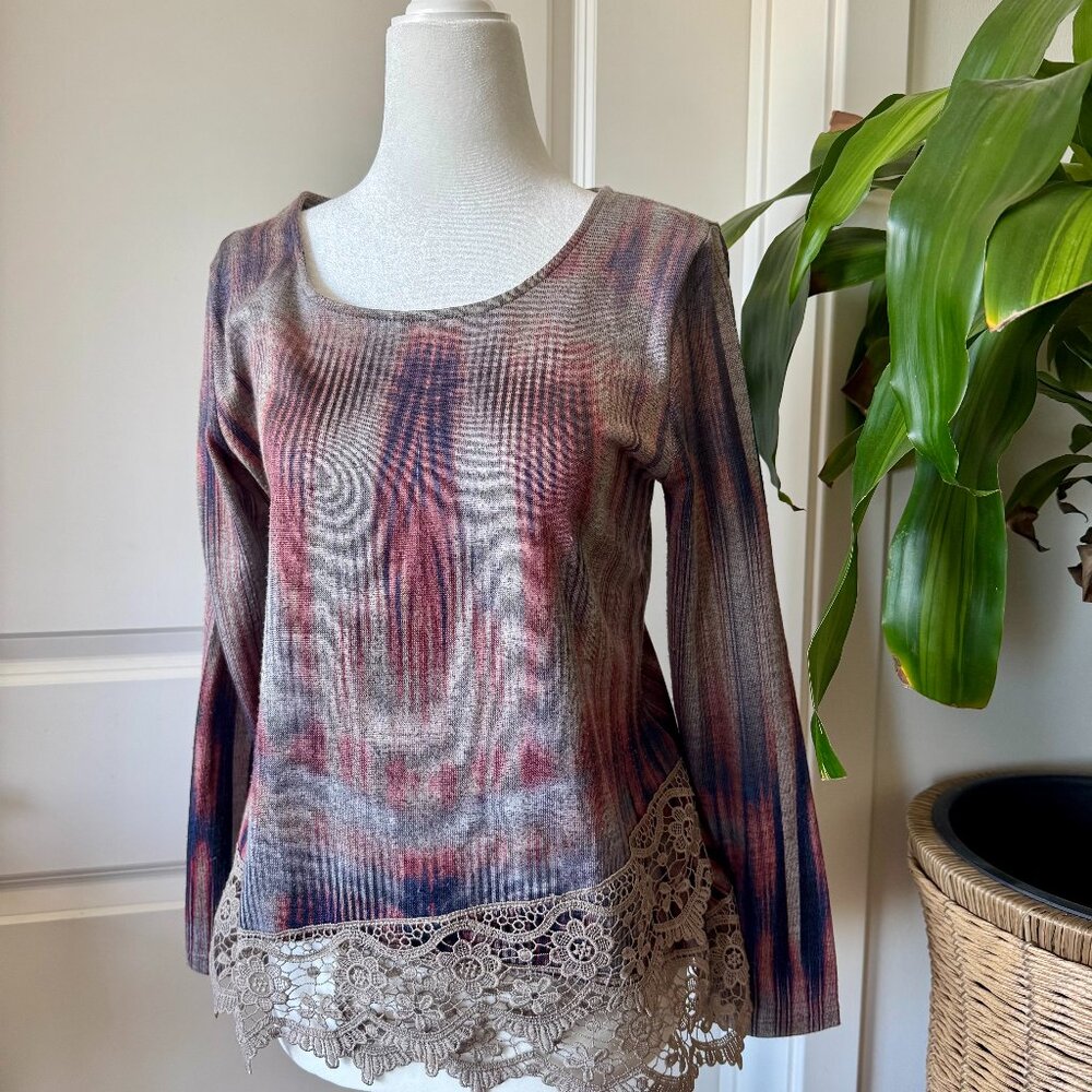 Purple Burgundy Tie Dye Boho Whimsigoth Artsy Lace Tunic Top S